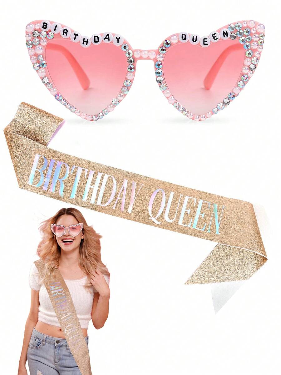 2pcs Women's Birthday Decoration Accessory Set, Birthday Queen Shoulder Strap, Birthday Party Decoration Accessory Combo - Birthday Queen - View 1