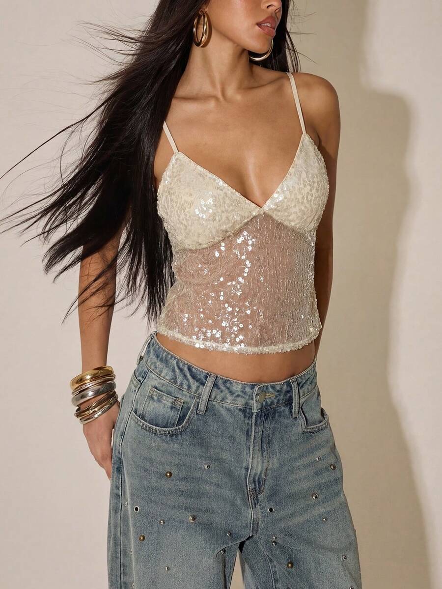 Women's Sequin Spaghetti Strap Cropped Camisole - Shimmery Semi-Sheer Sleeveless Tank Top Suitable For Party, Nightclub, Summer Street, Y2K Style Casual Wear, Weekend Gatherings, Stylish Outfits And Daily Wear, Vacations, Plain Outfits - Yellow - View 1