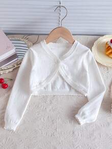 Girls Elegant Solid Color Hollow Out Short Knitted Cardigan, Single Button, Lightweight Shawl - White - View 1
