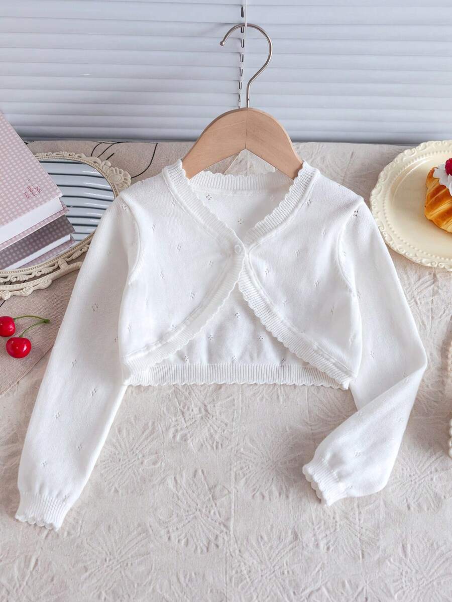 Girls Elegant Solid Color Hollow Out Short Knitted Cardigan, Single Button, Lightweight Shawl - White - View 1