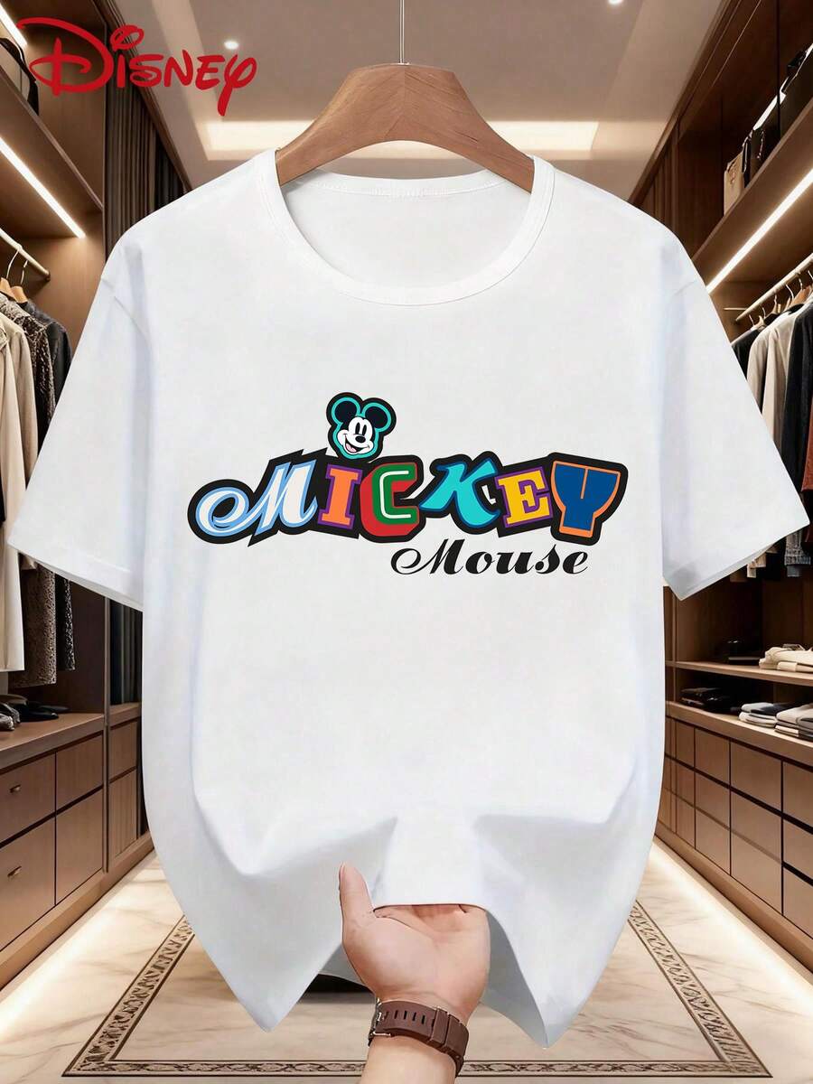 Disney Mickey Mouse Graphic Print Casual Men's Short Sleeve T-Shirt, Slightly Stretchy, Opaque, Easy Care Fabric, Suitable For Everyday Wear - White - View 1