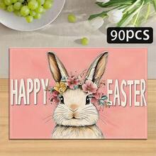 1/4/6 piezas Serie de Pascua, Un conejo con corona de flores rosas y amarillas y patrón de texto artístico blanco impreso en individual/mantel, tela de lino, lavable a mano - Adecuado para mesa de comedor, cocina, fiesta, decoración del hogar, cumpleaños, decoración de boda - Multicolor - Ver 11