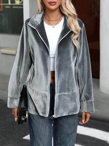 2026 Spring/Autumn New Fashion Velvet Sports Jacket For Plus Size Women - Light Grey - View 1