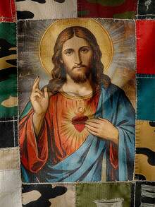 Camiseta de manga corta con estampado de retazos para hombres, camiseta de cuello redondo con estampado de fe en Jesús, cómoda y casual para uso diario - Multicolor - Ver 5