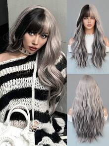 7JHH WIGS Silver Gray Wavy Wig With Bangs Highlight Black Hair Body Long Curly Wigs Natural Fluffy Soft Woven Synthetic Fiber Costume Colorful Wig For Women&Girls Halloween Christmas Festival Ready Party Cosplay Use 26 Inch - Silver - View 3