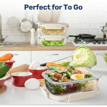 Contenedores de comida de vidrio con tapa herméticos, para todas las temperaturas sin BPA, ideales para preparación de comidas y almuerzo-029 - Beis - Ver 7