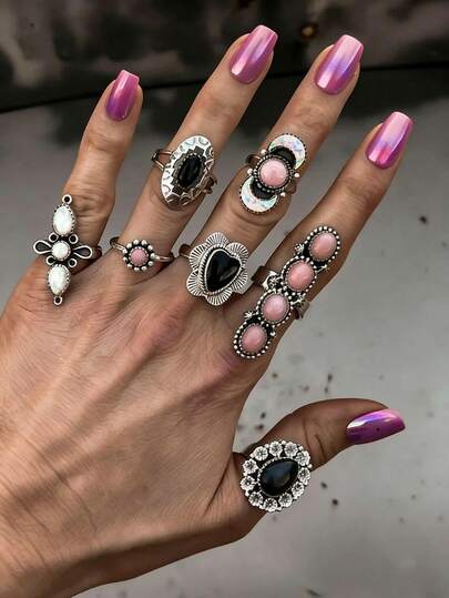 1 Set de Anillos Vintage para Mujer con Estilo Boho Occidental, Corazón Rosa Turquesa con Efecto Gota de Aceite, Anillo de Ópalo de Luna