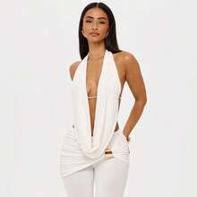 Ladies' Age Reduction And Slimming Style, Fashionable Hanging Neck And Swinging Collar, Backless Tied Rope Top, Metal Buckle Micro Flared Pants Two-Piece Set - trắng - Xem 4