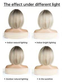 1pc Short Wavy Synthetic Hair Wig With Bangs, Natural Black Color, For Women - Blonde Ombre - View 8