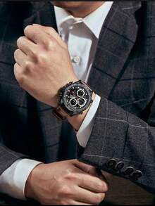 BIDEN 1件全新男士真皮运动防水石英腕表，男士计时表 - 棕色 - 查看 9