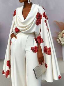 Women's Suit: Top With Printed Pile Collar, Long Sleeves, Wide-Leg Pants, And Long Pants Set - trắng - Xem 3