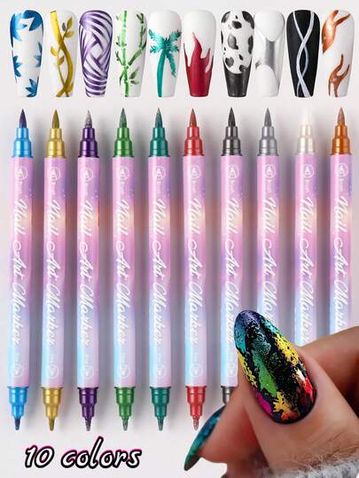 FULL BEAUTY 10色双头美甲笔，可用于标记指甲，适合绘制线条和花卉图案，色彩鲜艳，适合家庭和美甲沙龙DIY、美甲彩绘和着色，装饰马克笔