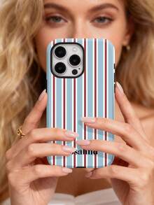 1 pieza Funda de teléfono personalizada minimalista retro con bloques de color y rayas, firma personalizada, nombre exclusivo, combinación de colores, 2 en 1, película brillante, cobertura completa, carcasa dura protectora compatible con iPhone 11/12/13/14/15/16 17 Pro Max - Multicolor - Ver 5
