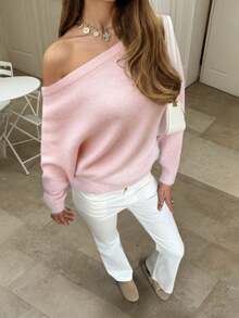 Áo len nữ SOLTRB kiểu dáng thường ngày, màu trơn, rộng rãi, trễ vai, tay dài, màu hồng lãng mạn, áo dệt kim dáng rộng, trang phục nữ màu hồng. - Hồng - Xem 7