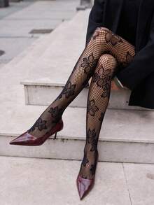 1件复古性感镂空花卉提花透明连裤袜，塑身连裤袜 - 黑色 - 查看 3