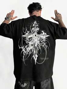 HAFIME Men's T-Shirt With "Gothic Cross" Print, Unisex Men's Shirt, 100% Cotton, Top Premium Streetwear, New Release, Gothic Style - 黑色 - 查看 1