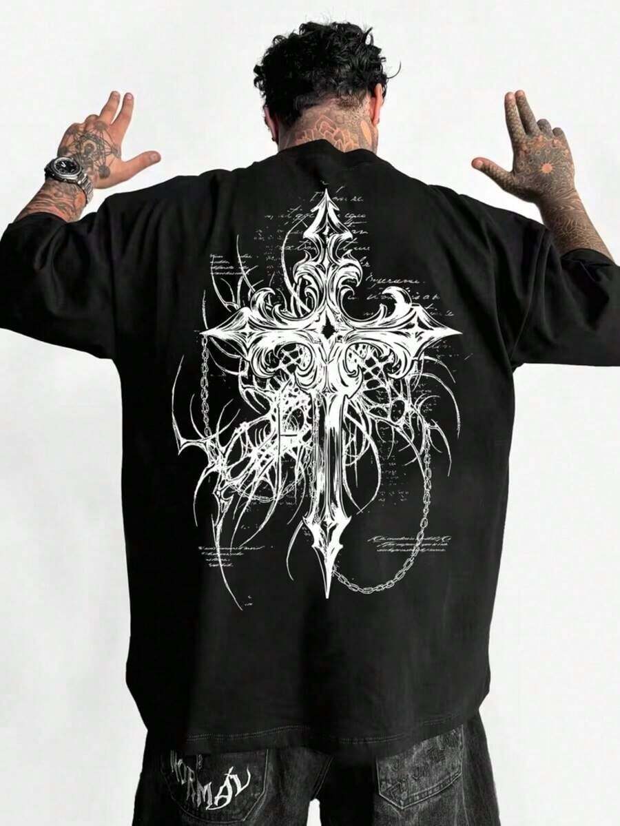 HAFIME Men's T-Shirt With "Gothic Cross" Print, Unisex Men's Shirt, 100% Cotton, Top Premium Streetwear, New Release, Gothic Style - 黑色 - 查看 1