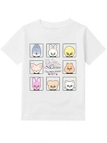 Youth Girl's Cartoon Animal SKZOO Pattern Cotton Round Neck T-Shirt, Kids T-Shirt Durable Stray Away Youngsters Rock Star Album Merch T-Shirt, White Casual Tee With Cute Animal Faces, K-Pop Concert, K-Pop Unisex T-Shirt, Regular Length, Fan Made Shirt, K-Pop Concert, Perfect For Concerts & Holidays,  Stray Away Style Kids Shirt. - 白色 - 查看 4