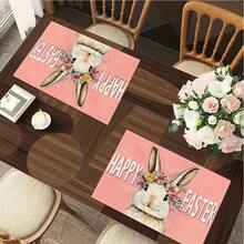 1/4/6 piezas Serie de Pascua, Un conejo con corona de flores rosas y amarillas y patrón de texto artístico blanco impreso en individual/mantel, tela de lino, lavable a mano - Adecuado para mesa de comedor, cocina, fiesta, decoración del hogar, cumpleaños, decoración de boda - Multicolor - Ver 3