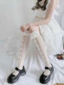 2双随机款式洛丽塔风格甜美蕾丝荷叶边蝴蝶结过膝袜（女款） - 彩色 - 查看 4