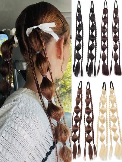 Pelucas sintéticas con trenzas de burbuja, coleta de pelo para coletero elástico, trenzas de burbuja para uso diario, peinado lindo adecuado para uso diario y reuniones de mujeres