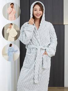 1pc Flannel Robe, Soft & Comfortable Loungewear For Bedroom, Bathroom, Pool Back To School - Burgundy - View 8