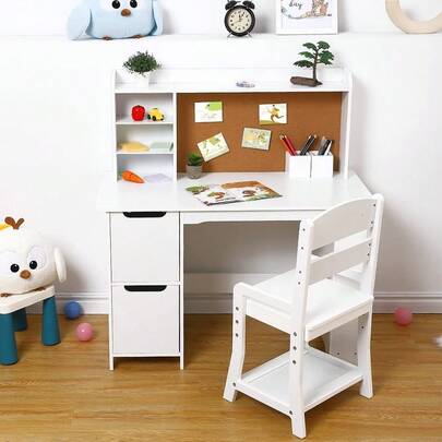 Juego de computadora y Silla para niños y niñas, Mesa de Escritura de Madera para niños con estantería, tablón de anuncios, gabinete y cajón para Edades de 3 a 8 años, Color Blanco