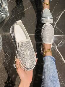 Plus Size Casual Loafers For Women, 2026 Spring New Low Vamp Rhinestone Thick Sole Fashion Shoes - White - View 5