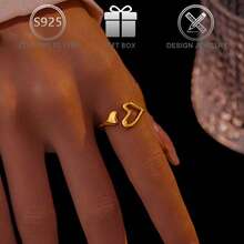 1pc 925 Sterling Silver Minimalist Asymmetric Heart Design Open Ring, Suitable For Daily Wear, Valentine's Day, Holiday, Wedding, Engagement Gift - Gold - View 5