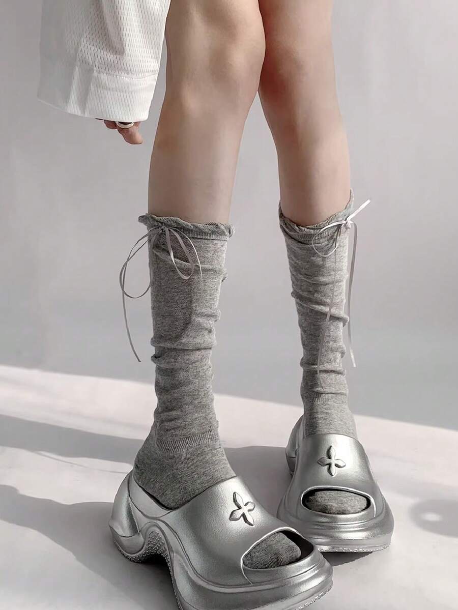 1 Pair Women's Sheer Knit White Slouchy Socks - Lace Trim Tie-Up Loose Leg Warmers, Y2K Aesthetic Knee-High Socks, Suitable For Daily Dates And Street Outfits, Pair Perfectly With Mary Jane Shoes - Multicolor - View 1