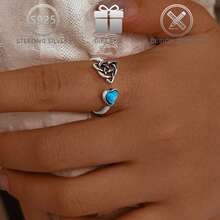 1pc 925 Sterling Silver Vintage Style Synthetic Turquoise Inlaid Asymmetric Celtic Knot Heart Design Open Ring, Suitable For Daily, Vacation Wear, Valentine's Day Gift - Antique Silver - View 2
