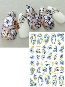 FULL BEAUTY 2片蓝色菊花大丽花美甲贴纸，奢华古铜色雏菊郁金香叶子浪漫腾曼春夏滑动式婚礼美甲饰品 - 彩色 - 查看 6