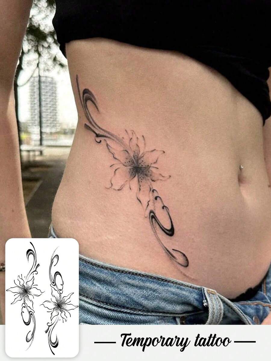 1pc Valentine's Day Temporary Tattoo Sticker, Y2K Style Lily Pattern, Waterproof Sweatproof Washable Non-Reflective, Suitable For Arms And Shoulders, Realistic Tattoo For Fashion Lovers, Lasts 3-5 Days - Black - View 1
