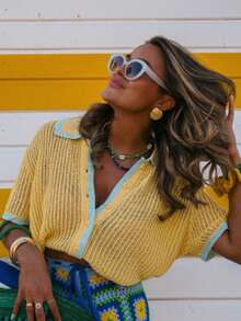 Summer Dopamine Contrast Color Knit Cardigan Women Short Hollow Out Short Sleeve Top - Yellow - View 4