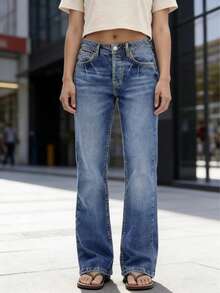 新款可水洗女士牛仔裤 - 休闲百搭时尚日常下装 - 深色水洗藍 - 查看 3