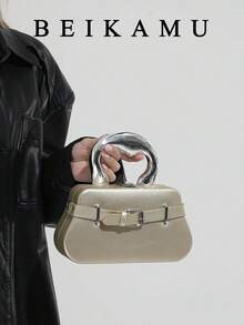 New Gold PU Irregular Metal Handle Bag, Belt Buckle Chain Crossbody Box Bag, Niche Sweet Chic Style Evening Party Handbag For Women - Gold - View 1