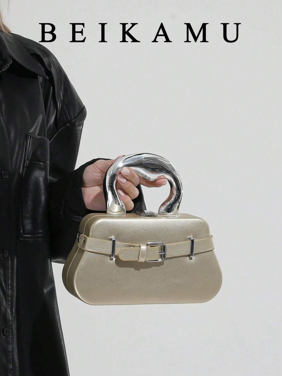 New Gold PU Irregular Metal Handle Bag, Belt Buckle Chain Crossbody Box Bag, Niche Sweet Chic Style Evening Party Handbag For Women - Gold - View 1