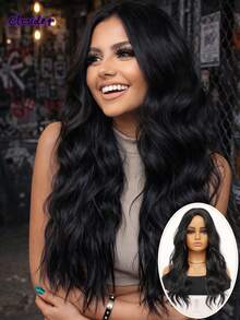 clouder Gothic Punk Black Long Wavy Curly Wig 26-Inch Center-Parted Bangs Heat-Resistant Synthetic Fiber Wig Women's Soft Voluminous Curls Suitable For Daily Cosplay, Street Style, Holiday Parties, Music Festivals, Y2K Aesthetic, Avant-Garde College Style, Modern Fashion Punk Looks - 黑色 - 查看 1