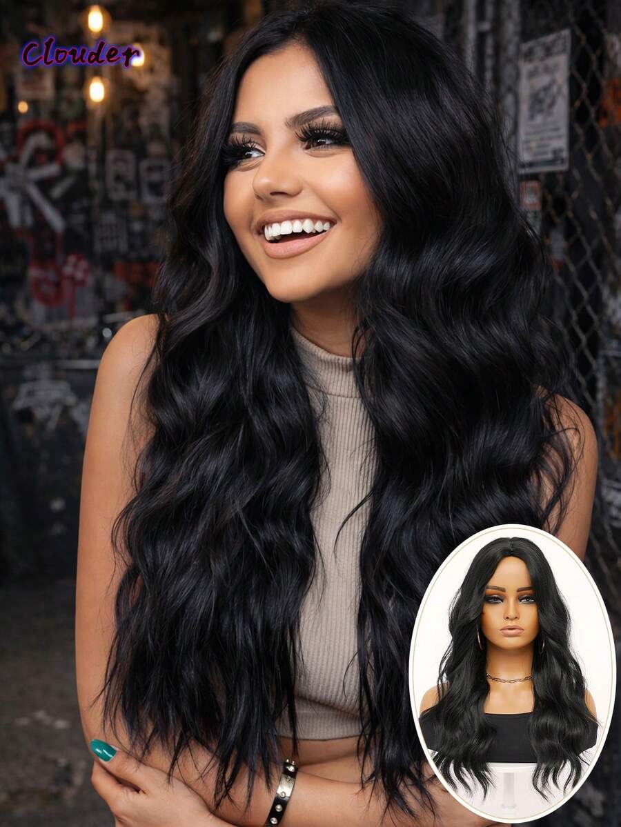 clouder Gothic Punk Black Long Wavy Curly Wig 26-Inch Center-Parted Bangs Heat-Resistant Synthetic Fiber Wig Women's Soft Voluminous Curls Suitable For Daily Cosplay, Street Style, Holiday Parties, Music Festivals, Y2K Aesthetic, Avant-Garde College Style, Modern Fashion Punk Looks - 黑色 - 查看 1
