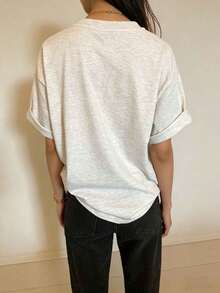 Women's Round Neck T-Shirt, Heart Print Casual Short Sleeve Top, Summer - Light Grey - View 4