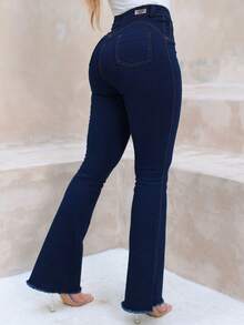 Women's Flare Jeans, High Waist, Country Style, Bell Bottom, Wide Leg, Lifts And Enhances The Butt, Lycra, Elastane - Rửa tối - Xem 1