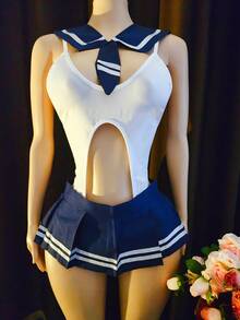 三件套：开裆连体裤、翻领、迷你裙 - 女士性感内衣，学院风角色扮演服装 - 藍白色 - 查看 5