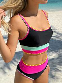 Women's High Waisted Bikini Set Fashion Contrast Color Sporty Two Piece Tummy Control Bathing Suit For Beach Pool - Black - View 5