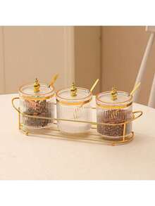 3pcs Luxury Spice Jars Kitchen Storage Condiment Containers Set, Includes 3 Jars And 1 Spoon