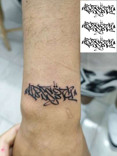 1张持久7-14天的草本临时纹身贴纸，哥特风格抽象英文文字手部纹身贴纸，防水个性化酷炫男士纹身贴纸