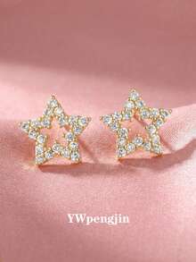 2pairs Sweet Beautiful Stylish Pave Zirconia Heart & Five-Pointed Star Stud Earrings For Daily Wear Jewelry Accessory For Anniversary Valentine's Day Gift - Gold - View 3
