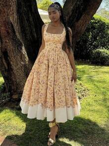Women's Vacation Outfits Summer Dresses Printed Waist Cinching Long Skirt Dress Vestidos Elegantes De Mujer Prom Dresses Birthday Dresses Yellow Dress Wedding Dress For Guests Festival Outfit Boho Clothing Mother Daughter Matching Outfits Floral Print Maxi Dress Under Graduation Gown Outfit Commencement Outfit Ideas Semi Formal Dress For Graduation - màu vàng hoa - Xem 1