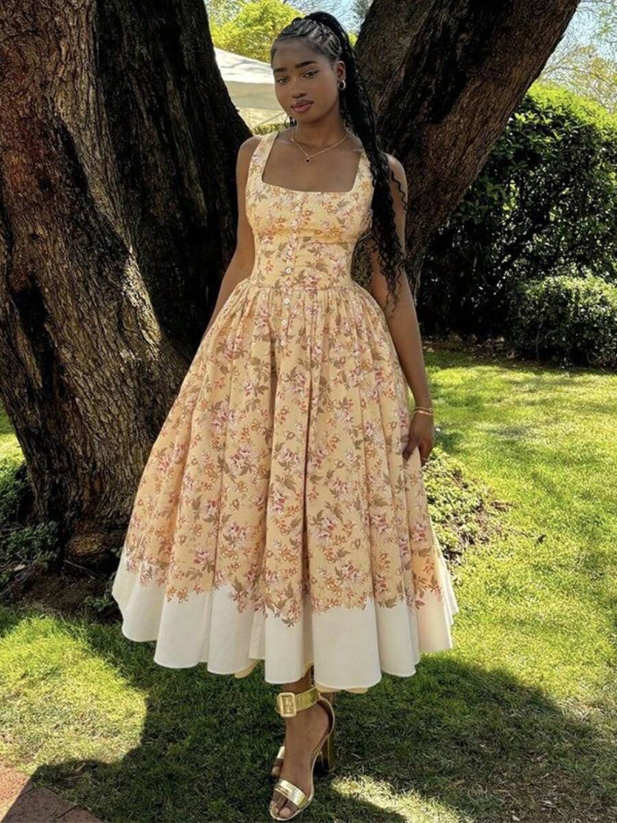 Women's Vacation Outfits Summer Dresses Printed Waist Cinching Long Skirt Dress Vestidos Elegantes De Mujer Prom Dresses Birthday Dresses Yellow Dress Wedding Dress For Guests Festival Outfit Boho Clothing Mother Daughter Matching Outfits Floral Print Maxi Dress Under Graduation Gown Outfit Commencement Outfit Ideas Semi Formal Dress For Graduation - màu vàng hoa - Xem 1