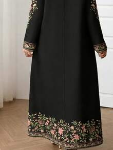 Plus Size V-Neck Printed Vintage Loose Plus Size Long Sleeve Maxi Dress, Suitable For All Seasons Black Spring Elegant - Black - View 3
