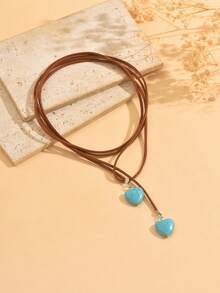1pc Bohemian Style Adjustable Long Necklace With Vintage Turquoise Heart Pendant, Suitable For Daily Wear - Multicolor - View 3